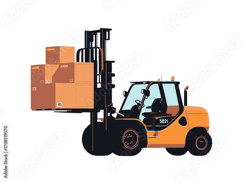 Illustration of an Orange Forklift Truck Lifting Brown Cardboard Boxes Isolated on transparent Background