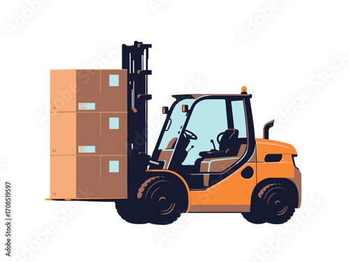 Isometric Forklift Truck Lifting Tall Cardboard Box on Dark Background Industrial Heavy Equipment Transportation Vehicle in Orange and Blue