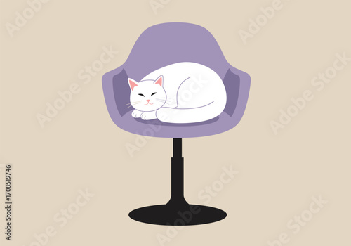 A tranquil white cat is peacefully asleep on a chic purple chair, its soft fur creating a soothing contrast against the chairs sleek design, evoking a sense of calm