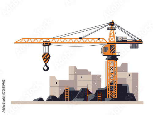 Pixel Art Illustration of an Orange Construction Crane with Jib and Hook with Concrete Ruins on a transparent Background