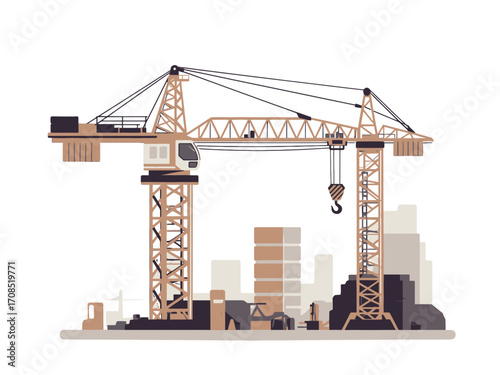 Pixelated Construction Site with Cranes and Abstract Buildings in transparent Background Vector Illustration