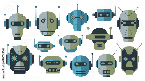 Variety of Pixelated Robot Heads on transparent Background Featuring Teal and Olive Colors