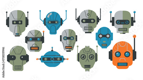 Collection of Retro Pixel Art Robot Heads on transparent Background