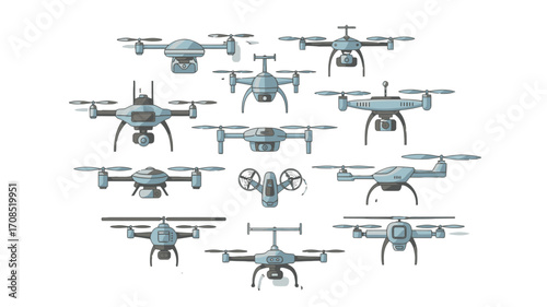 Collection of Blue and Gray Pixelated Drones on transparent Background Air Transport