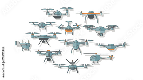 Drone Cluster Array in Blue White and Orange on transparent Background Pixelated Style for Remote Surveillance or Delivery