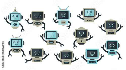 Collection of Pixel Art Robots with Various Emotions on a transparent Background