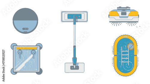 Line Art Illustration of Cleaning Robots and Pool Cleaning Systems on a transparent Background
