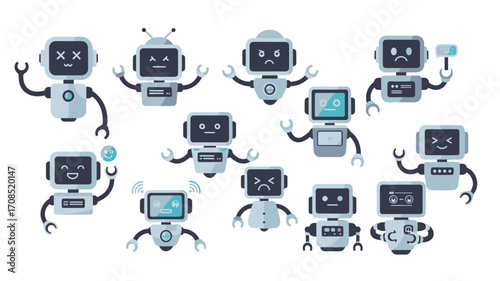 Cartoon Robots with Pixelated Design and Various Emotions on transparent Background Vector Illustration