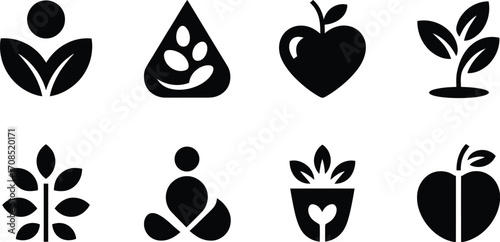 Collection of simple black icons representing health, nature, and wellness