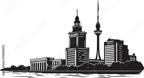 Vector art of a captivating skyline illustration of warsaw, poland, , showcasing architectural landmarks in silhouette