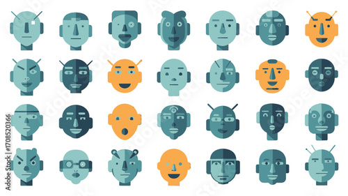 Abstract Pixel Art Faces Against transparent Background Featuring Teal Orange and Blue Color Palette With Geometric Shapes Minimalist Style