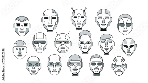 Group of Robotic Faces in Pixel Art Style with transparent Background