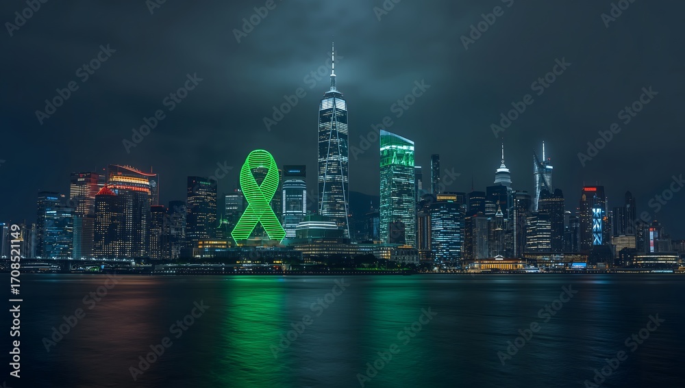 Obraz premium Night City Skyline with Green Light Skyscrapers Forming Mental Health Awareness Ribbon and River Reflections