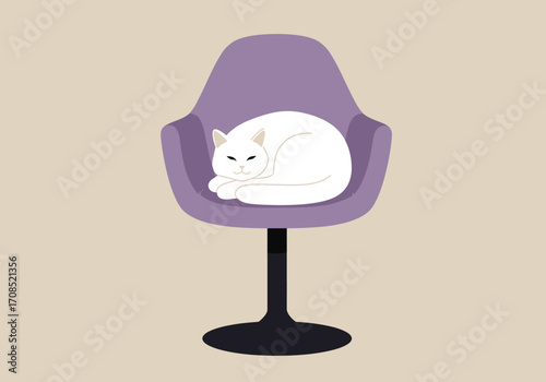 A tranquil white cat is peacefully asleep on a chic purple chair, its soft fur creating a soothing contrast against the chairs sleek design, evoking a sense of calm
