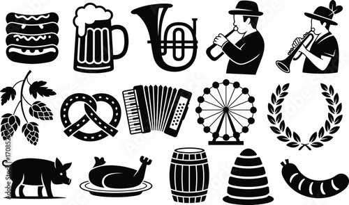 Oktoberfest vector icons set, beer mug, sausage, pretzel, hops, musicians, barrel, pig, chicken, ferris wheel, celebration elements