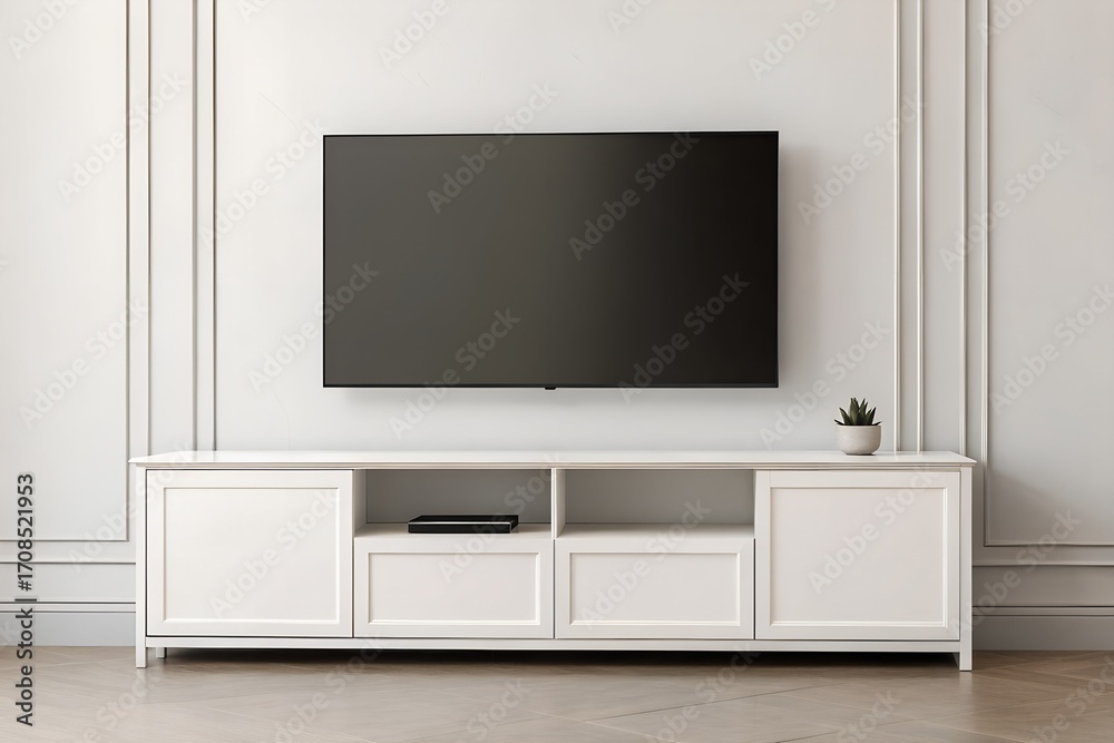 Fototapeta premium Modern Flat Screen TV on White Media Console in Minimalist Room