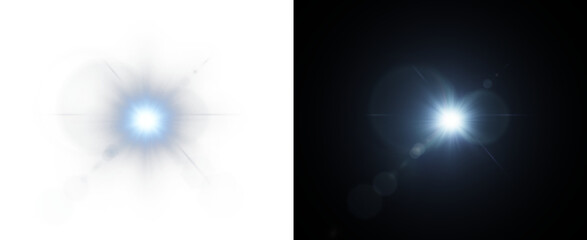 Bright blue light flare with starburst effect on dark background, glowing sun flash with lens reflection. sparkling background, PNG illustration, sparkle, magic light, Cinematic