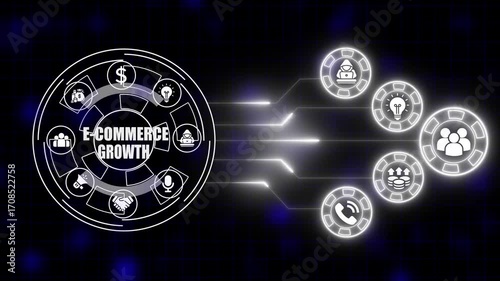E commerce growth digital interface with icons for business finance marketing technology and success on dark grid background with glowing lines representing data flow and progress