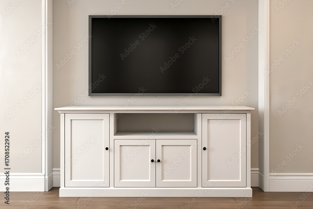 Fototapeta premium White Media Console with Flat Screen TV in Modern Living Room