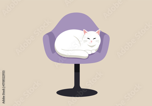 A tranquil white cat is peacefully asleep on a chic purple chair, its soft fur creating a soothing contrast against the chairs sleek design, evoking a sense of calm