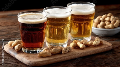 Three distinct types of beer are served in clear glasses beside a bowl of peanuts, creating a casual atmosphere for relaxation