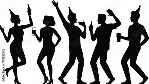 Joyful silhouettes of people celebrating with drinks and hats at a party