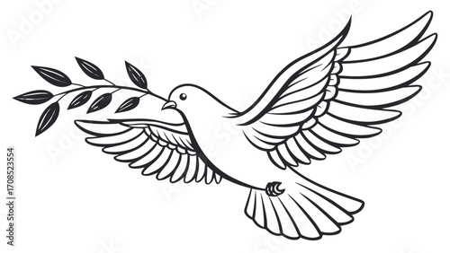 A black and white drawing of a dove in flight holding an olive branch in its beak with outstretched wings