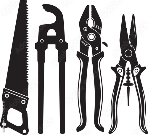 Black hand tools on white background wrench pliers