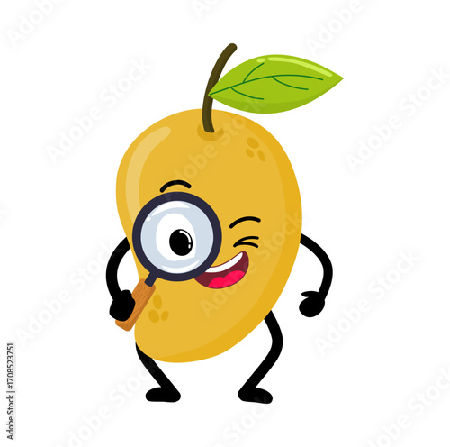 Cute Hand Drawn Curious Mango with Magnifying Glass