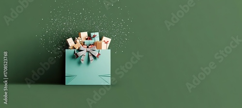 Minimalist green shopping bag filled with Christmas gifts, particles flying out on dark green background. High-resolution holiday photo.