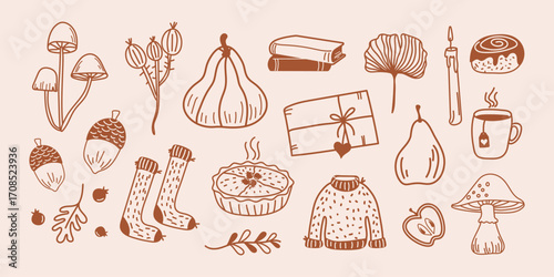 A set of wild berries, leaves, warm clothes, hot pastries, and drinks hand-drawn in a modern style. Vector design