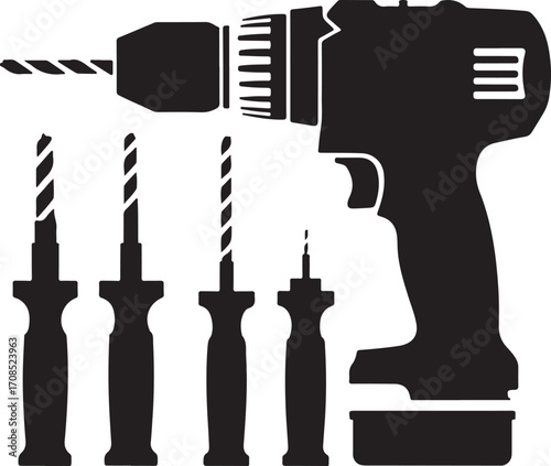 Black cordless drill with drill bits tool power tool