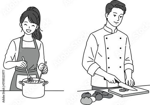 Man and woman cooking together, stirring pot and chopping vegetables, kitchen teamwork, culinary preparation, chef skills, healthy food, home cooking, flat vector illustration design