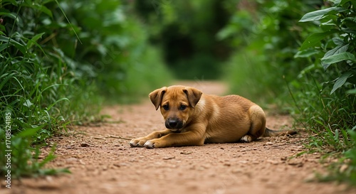 Brown dog outdoors path