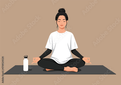 A woman is meditating in a serene yoga pose on a mat, with a water bottle nearby, creating a peaceful scene of mindfulness and wellbeing, promoting relaxation