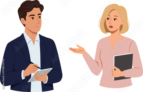 Man and woman having professional conversation, taking notes, holding documents, business meeting, interview discussion, workplace communication, corporate interaction, flat vector illustration design