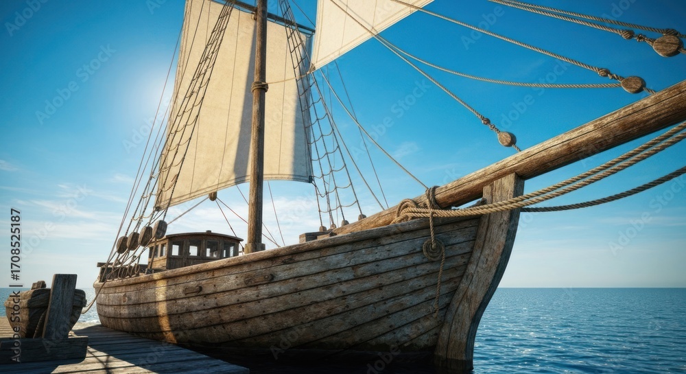 Obraz premium Wooden sailing ship moored at a dock on a sunny day