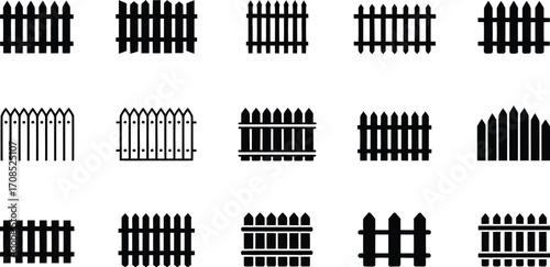 Collection of diverse picket fence designs for outdoor boundaries and garden enclosures
