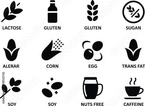 Collection of black and white icons representing common food allergens and dietary restrictions.