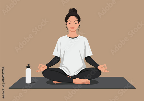 A woman is meditating in a serene yoga pose on a mat, with a water bottle nearby, creating a peaceful scene of mindfulness and wellbeing, promoting relaxation