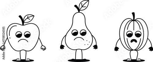 Three sad cartoon fruits stand in a line, feeling down