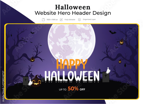 Halloween Sales Website Hero Header Design, Spooky Landing Page Banner, Editable Vector Illustration for Festive Promotion
