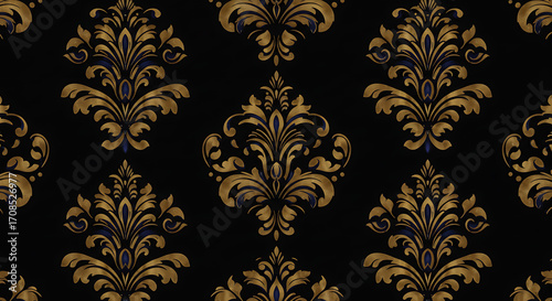A seamless pattern of intricate damask swirls in gold and navy on a black background