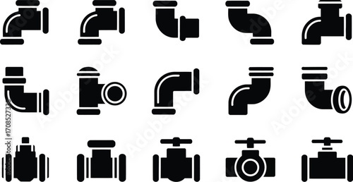 Collection of diverse plumbing pipe fittings and valves, isolated on white background.
