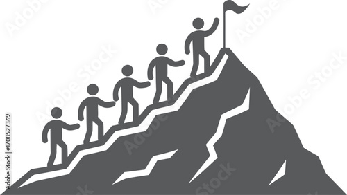 Team climbing mountain to reach summit with flag