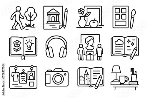 Art Inspiration Icons. Line style icons of art inspiration sources: nature walk icon, architecture sketch, still life setup, color