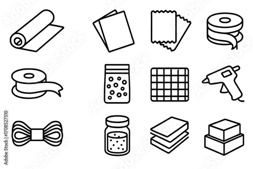 Creative Materials Icons. Line style icons of creative materials: canvas roll, colored paper set, glue bottle, fabric swatches,