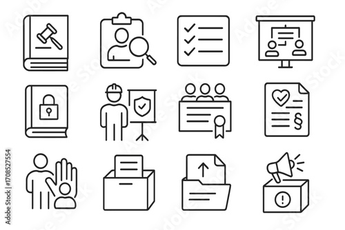 HR Compliance Icons. Line style icons of HR compliance: labor law book, HR audit icon, compliance checklist, workplace regulation,
