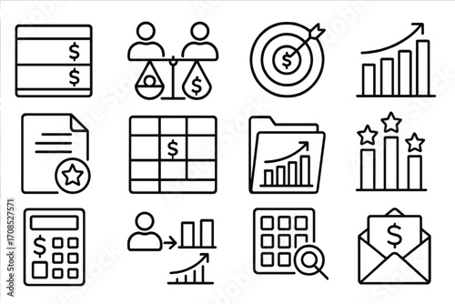 Compensation Structure Icons. Line style icons of compensation structure: salary bands icon, pay equity icon, incentive plan icon,