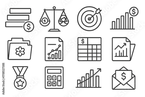 Compensation Structure Icons. Line style icons of compensation structure: salary bands icon, pay equity icon, incentive plan icon,